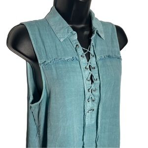 Rock & Republic Sleeveless Lace Up Front Top Mint Aqua Green Blue